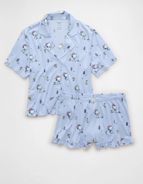 American Eagle AE Luxe Plush Snoopy Button Up Pj Set