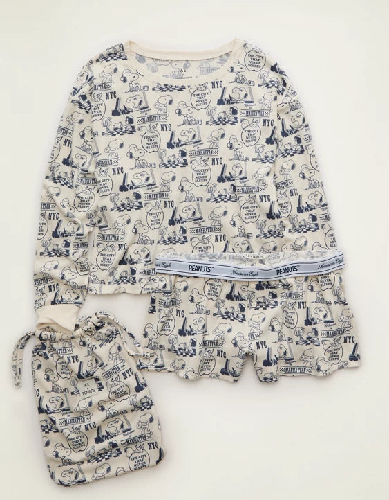 American Eagle AE Luxe Plush Snoopy Long Sleeve Short PJ Set