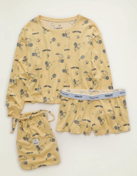 American Eagle AE Luxe Plush Snoopy Long Sleeve Short PJ Set