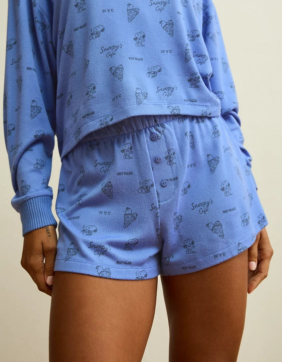 American Eagle AE Luxe Plush Snoopy Long Sleeve Short PJ Set