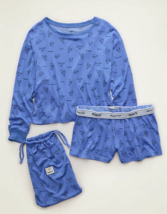 American Eagle AE Luxe Plush Snoopy Long Sleeve Short PJ Set