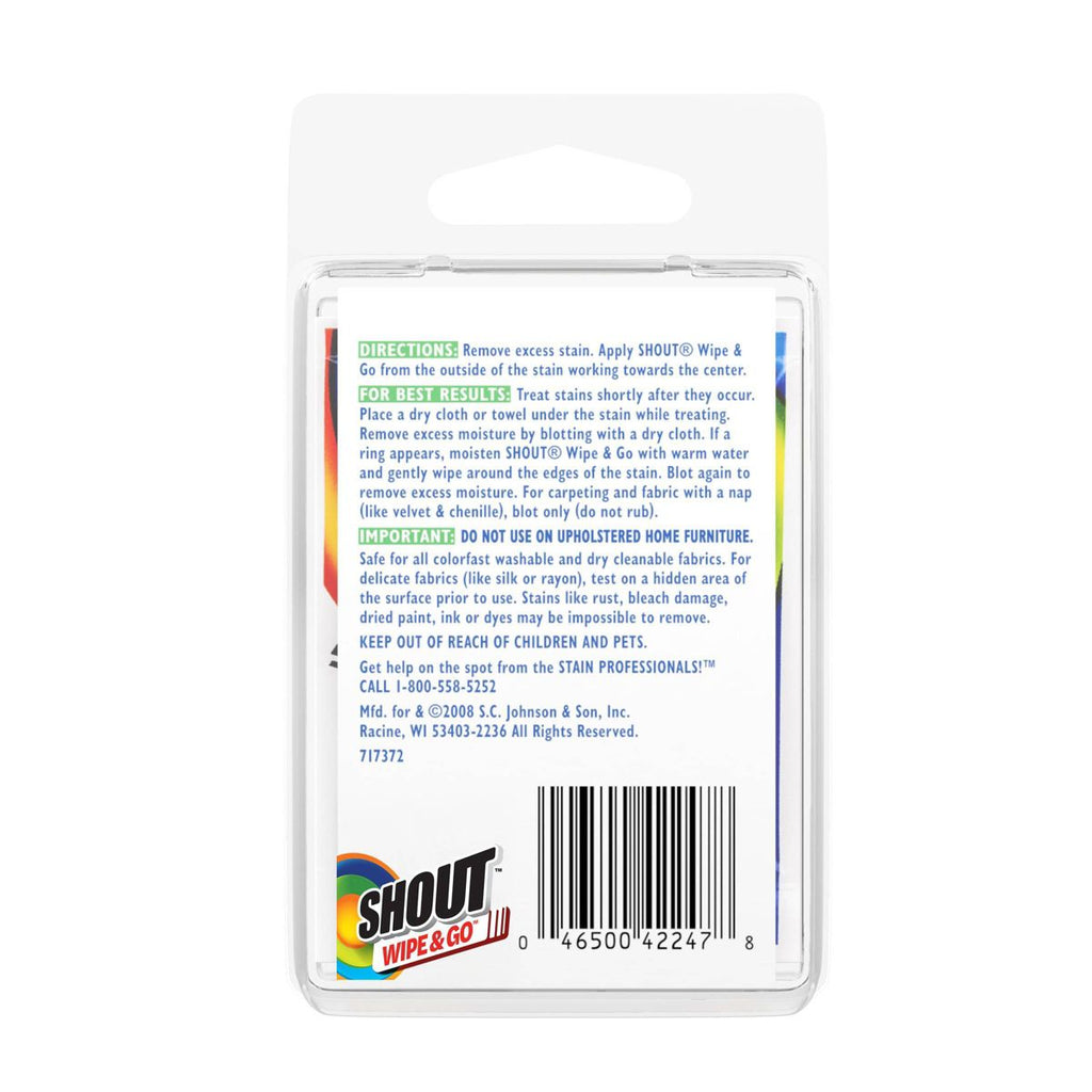 Shout Wipe & Go Travel Stain Remover Wipes for Instant Fabric Stain Removal - 4ct