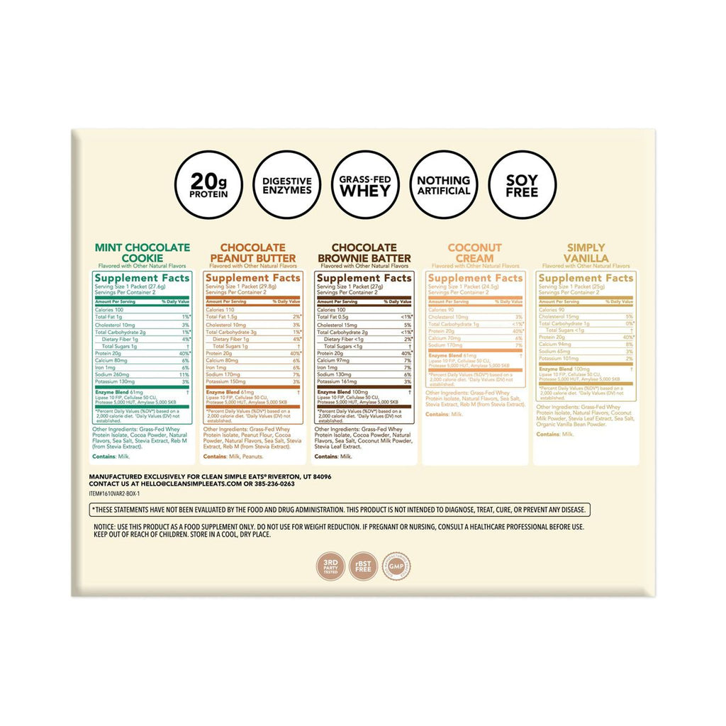 Clean Simple Eats Protein Powder Variety Pack - 9.4oz/10ct: Whey Protein Isolate, Chocolate,
