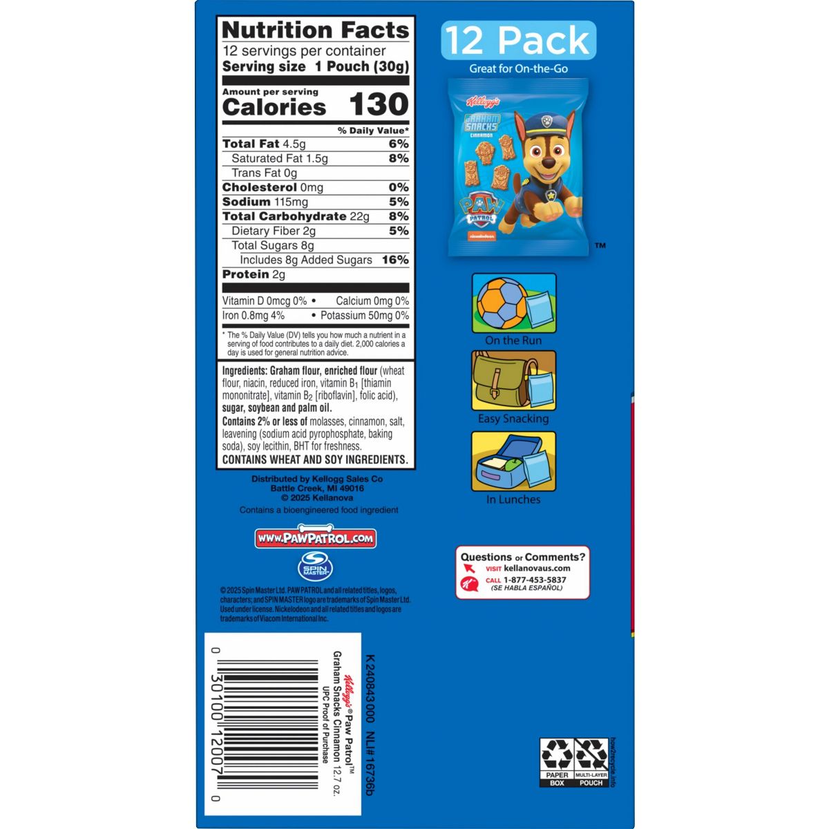 Kellogg's Snacks Paw Patrol Cinnamon Graham Cracker Snacks Multipack - 30g