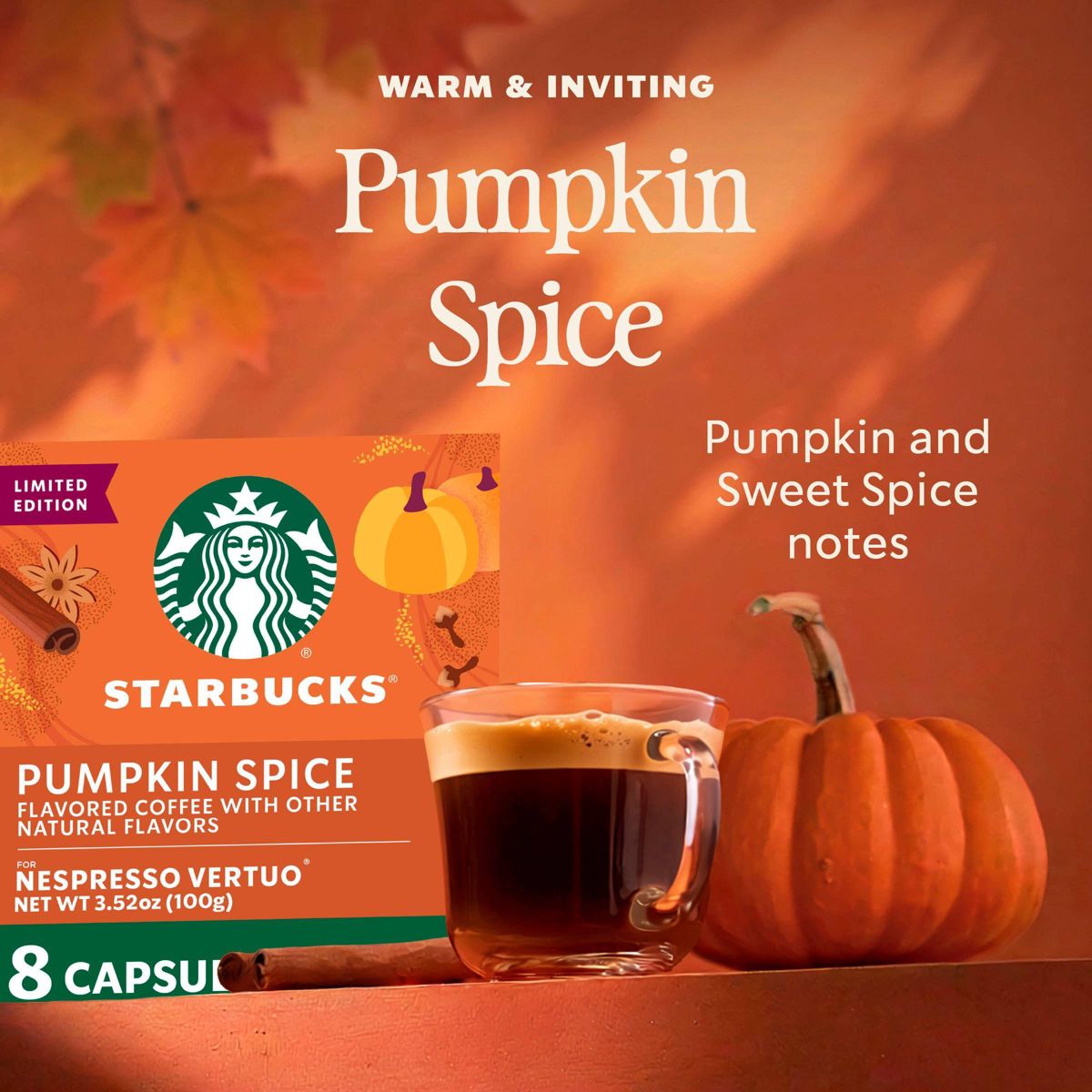 Starbucks by Nespresso Vertuo Line Pumpkin Spice Flavored Light Roast Coffee Pods - 8ct
