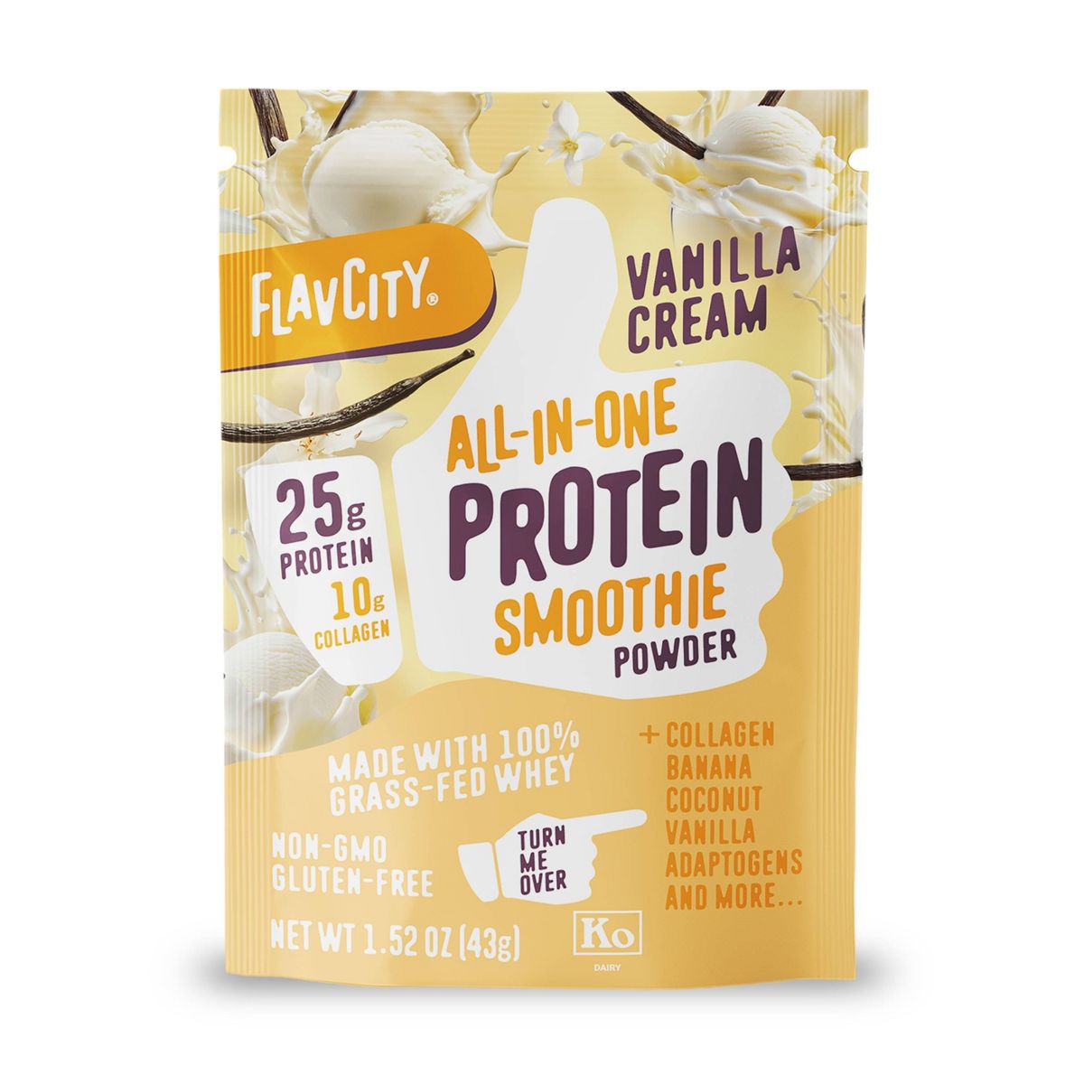 FlavCity Single Serve Protein Smoothie Powder - Vanilla Cream - 1.52 oz: Kosher, Gluten-Free,