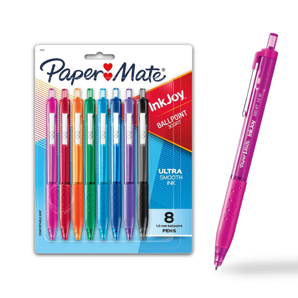 Paper Mate Ink Joy 300RT 8pk Ballpoint Pens 1.0mm Multicolored: Retractable, Quick Drying, Rubber