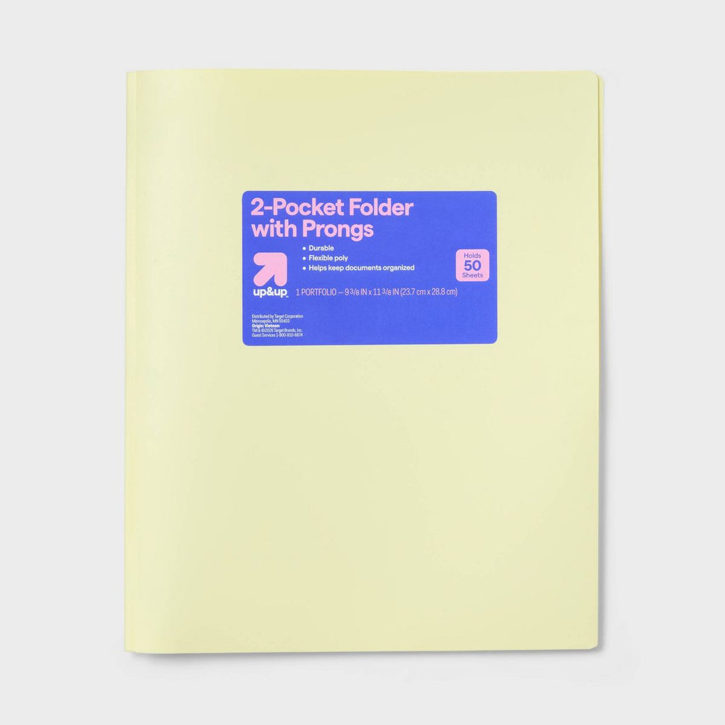 Poly Number 2 Pocket Plastic Folder with Prongs Pastel Yellow - up&up™