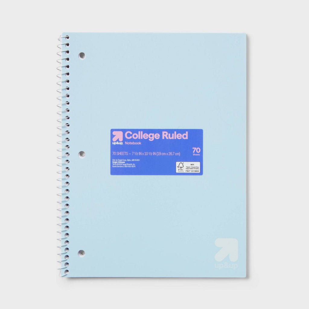 College Rule Spiral Notebook 7.5"x10.5" Poly Cover 70 Sheets Pastel Blue - up&up™
