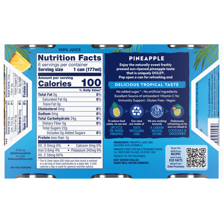Dole Pineapple Juice 6-pack cans
